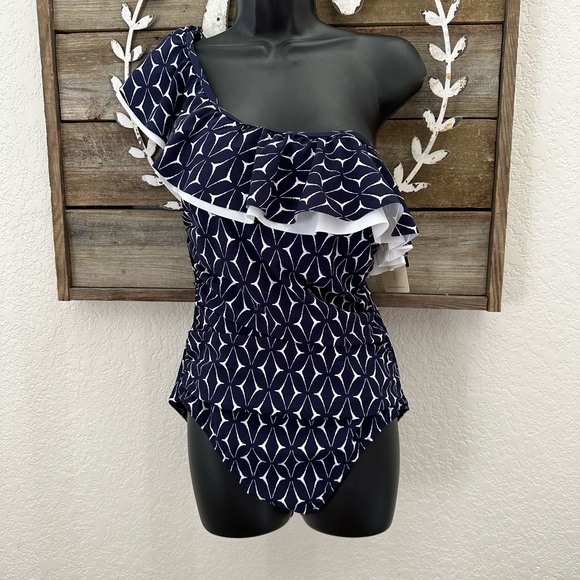 Gottex‎ Profile navy one shoulder ruffle built in bra swimsuit one piece 12 NWT